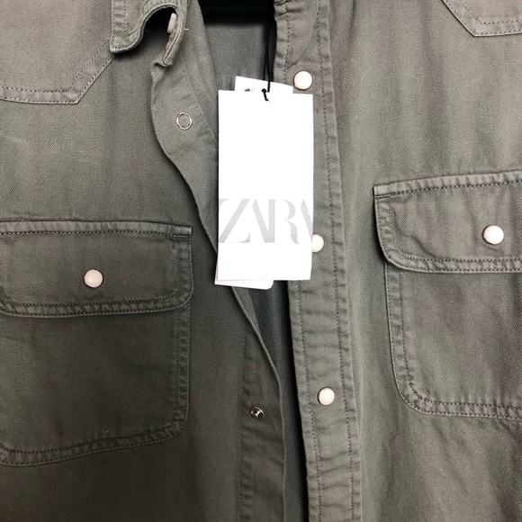 Zara Olive Green Topstitch Unisex Denim Shirt Jacket M NWT - Picture 4 of 8
